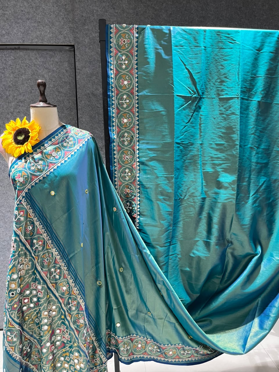 Teal Blue Pure Soft Banarasi Patola Silk Blend Traditional Manekchowk Hand and Mirror Work Patola Saree