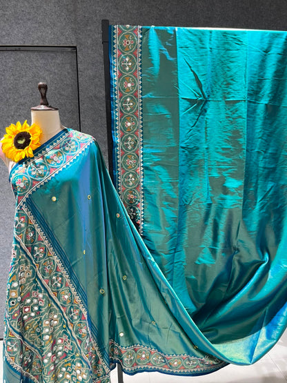 Teal Blue Pure Soft Banarasi Patola Silk Blend Traditional Manekchowk Hand and Mirror Work Patola Saree
