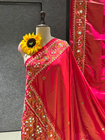 Orange Pure Soft Banarasi Patola Silk Blend Traditional Manekchowk Hand and Mirror Work Patola Saree