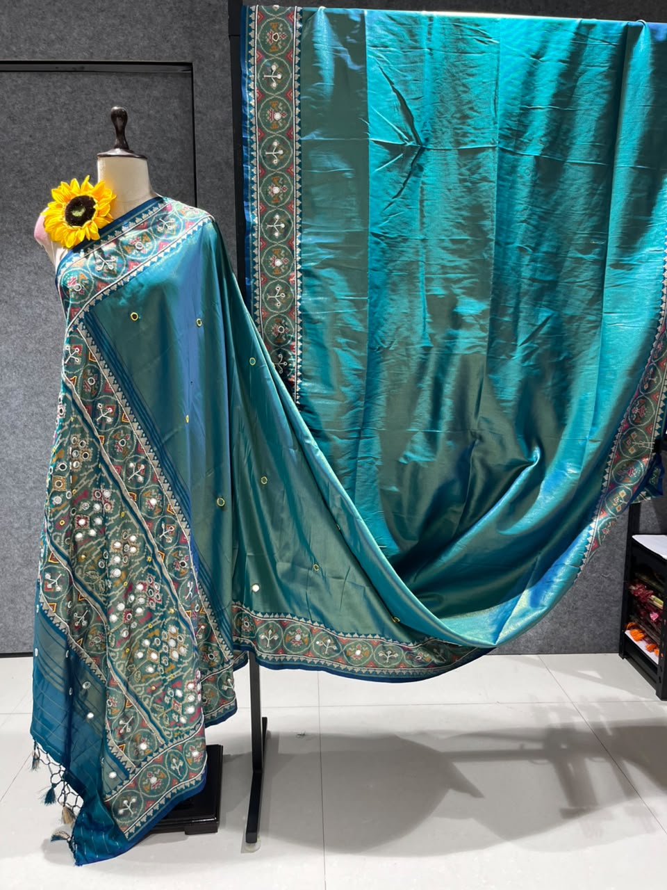 Teal Blue Pure Soft Banarasi Patola Silk Blend Traditional Manekchowk Hand and Mirror Work Patola Saree