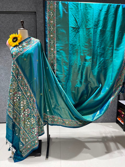 Teal Blue Pure Soft Banarasi Patola Silk Blend Traditional Manekchowk Hand and Mirror Work Patola Saree
