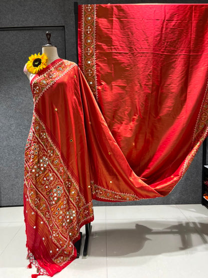 Orange Pure Soft Banarasi Patola Silk Blend Traditional Manekchowk Hand and Mirror Work Patola Saree