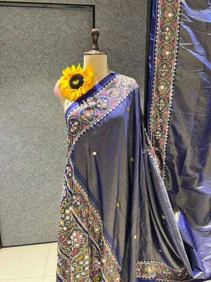 Blue Pure Soft Banarasi Patola Silk Blend Traditional Manekchowk Hand and Mirror Work Patola Saree