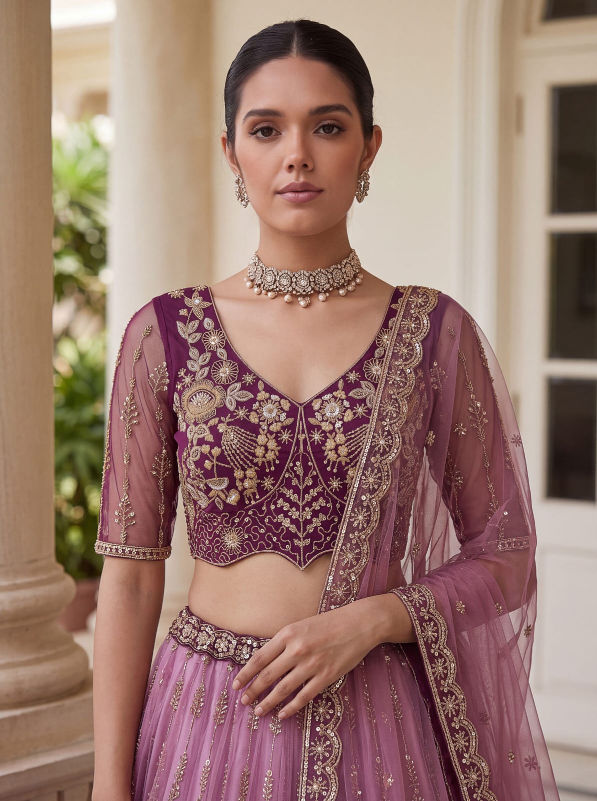 Purple Pure Heavy Net Motif Handwork Zari Sequins Work Bridal Lehenga Choli