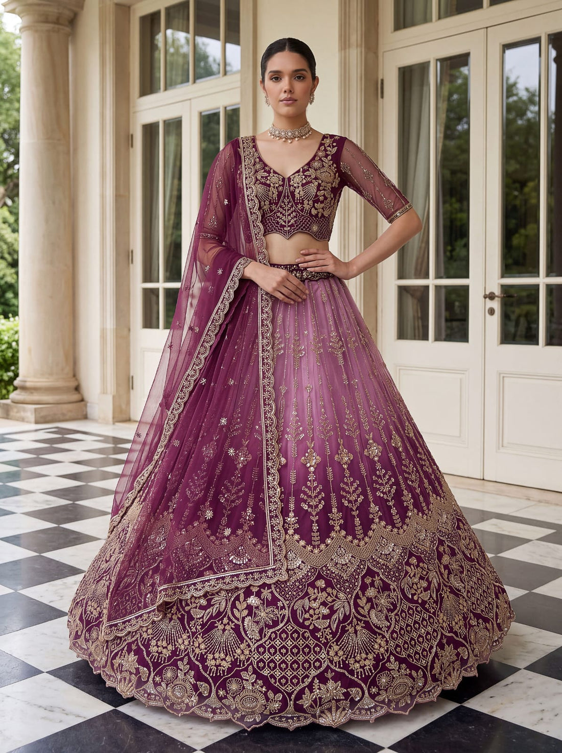 Purple Pure Heavy Net Motif Handwork Zari Sequins Work Bridal Lehenga Choli