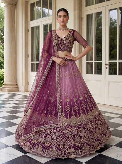 Purple Pure Heavy Net Motif Handwork Zari Sequins Work Bridal Lehenga Choli
