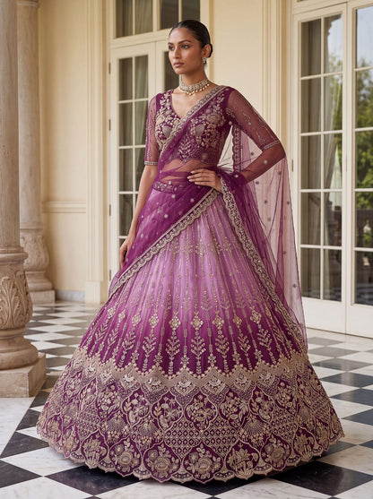 Purple Pure Heavy Net Motif Handwork Zari Sequins Work Bridal Lehenga Choli