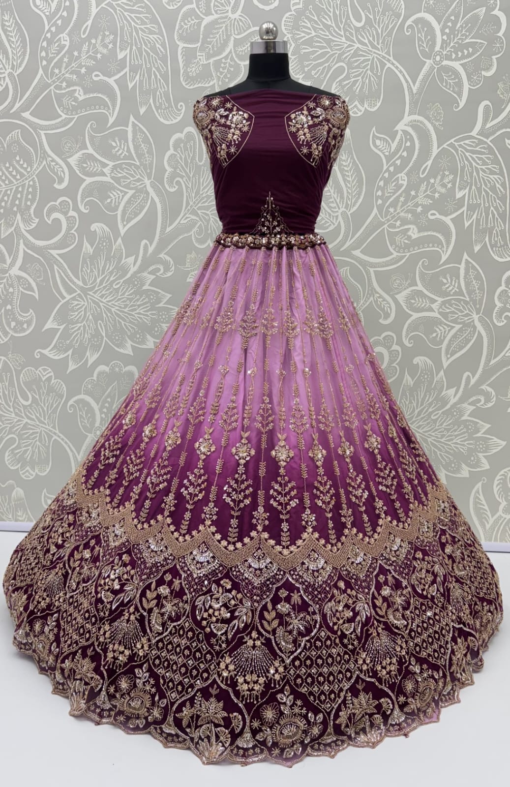 Purple Pure Heavy Net Motif Handwork Zari Sequins Work Bridal Lehenga Choli