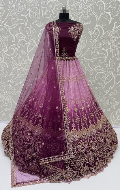 Purple Pure Heavy Net Motif Handwork Zari Sequins Work Bridal Lehenga Choli