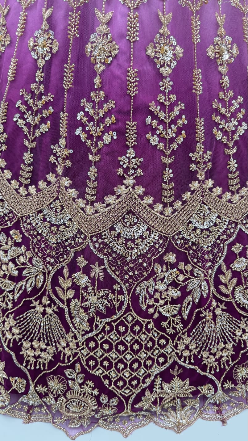 Purple Pure Heavy Net Motif Handwork Zari Sequins Work Bridal Lehenga Choli