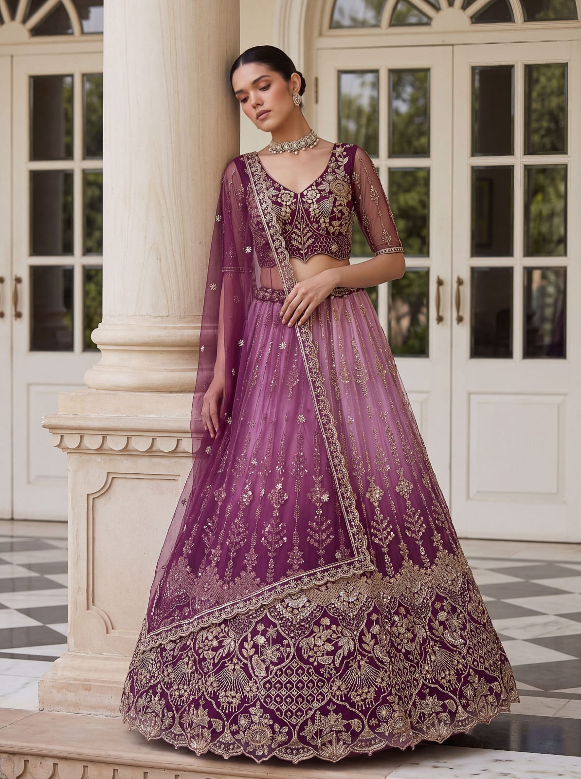 Purple Pure Heavy Net Motif Handwork Zari Sequins Work Bridal Lehenga Choli