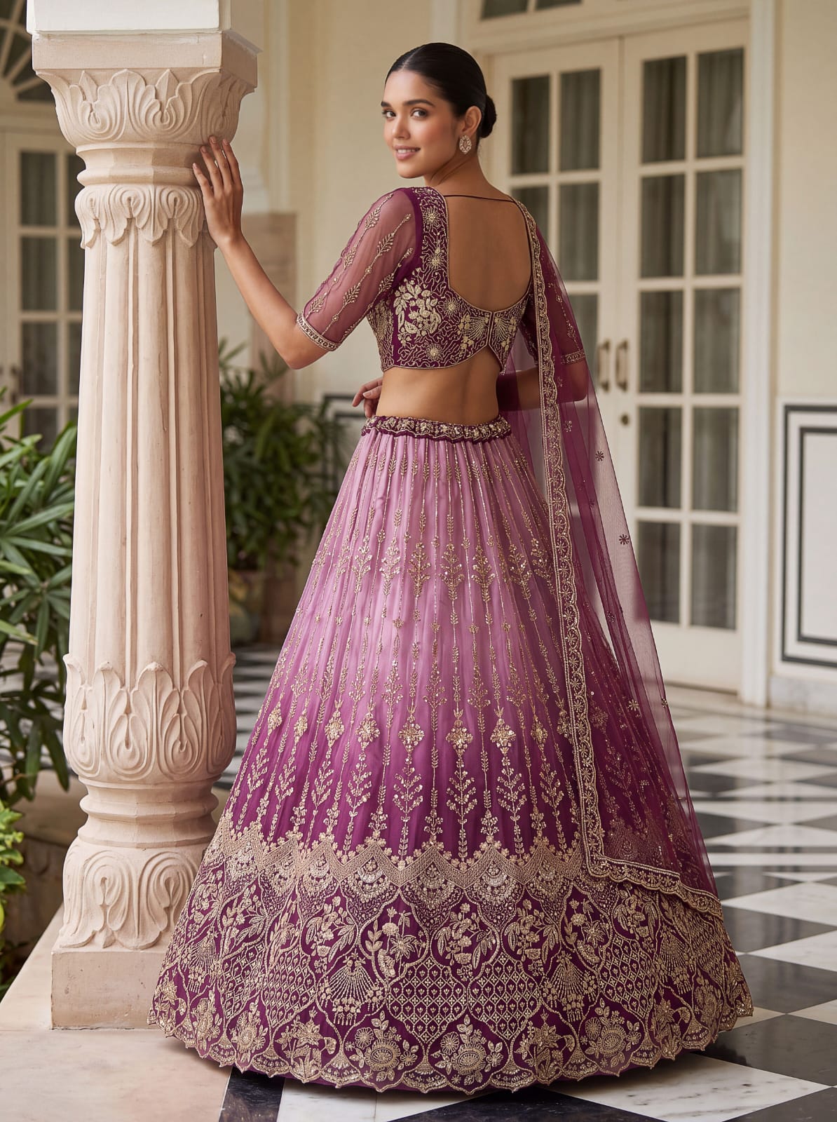 Purple Pure Heavy Net Motif Handwork Zari Sequins Work Bridal Lehenga Choli