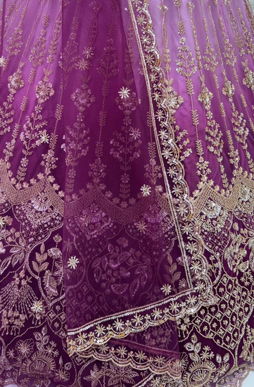 Purple Pure Heavy Net Motif Handwork Zari Sequins Work Bridal Lehenga Choli