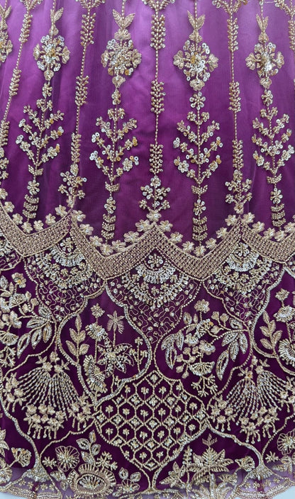 Purple Pure Heavy Net Motif Handwork Zari Sequins Work Bridal Lehenga Choli