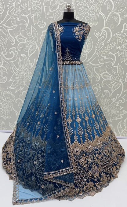 Sky Pure Heavy Net Motif Handwork Zari Sequins Work Bridal Lehenga Choli