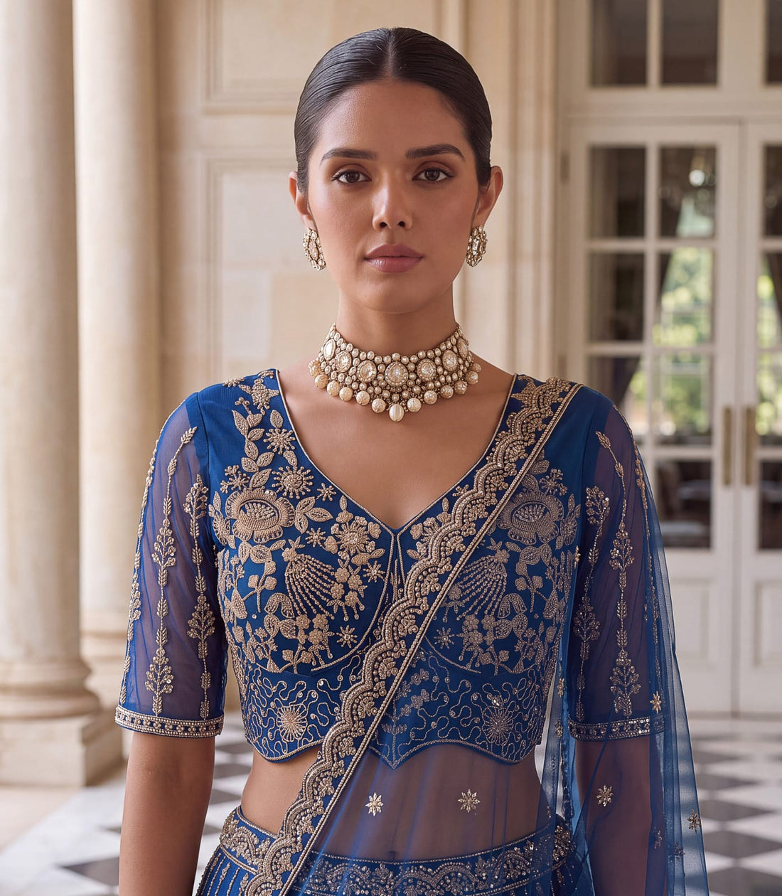 Sky Pure Heavy Net Motif Handwork Zari Sequins Work Bridal Lehenga Choli
