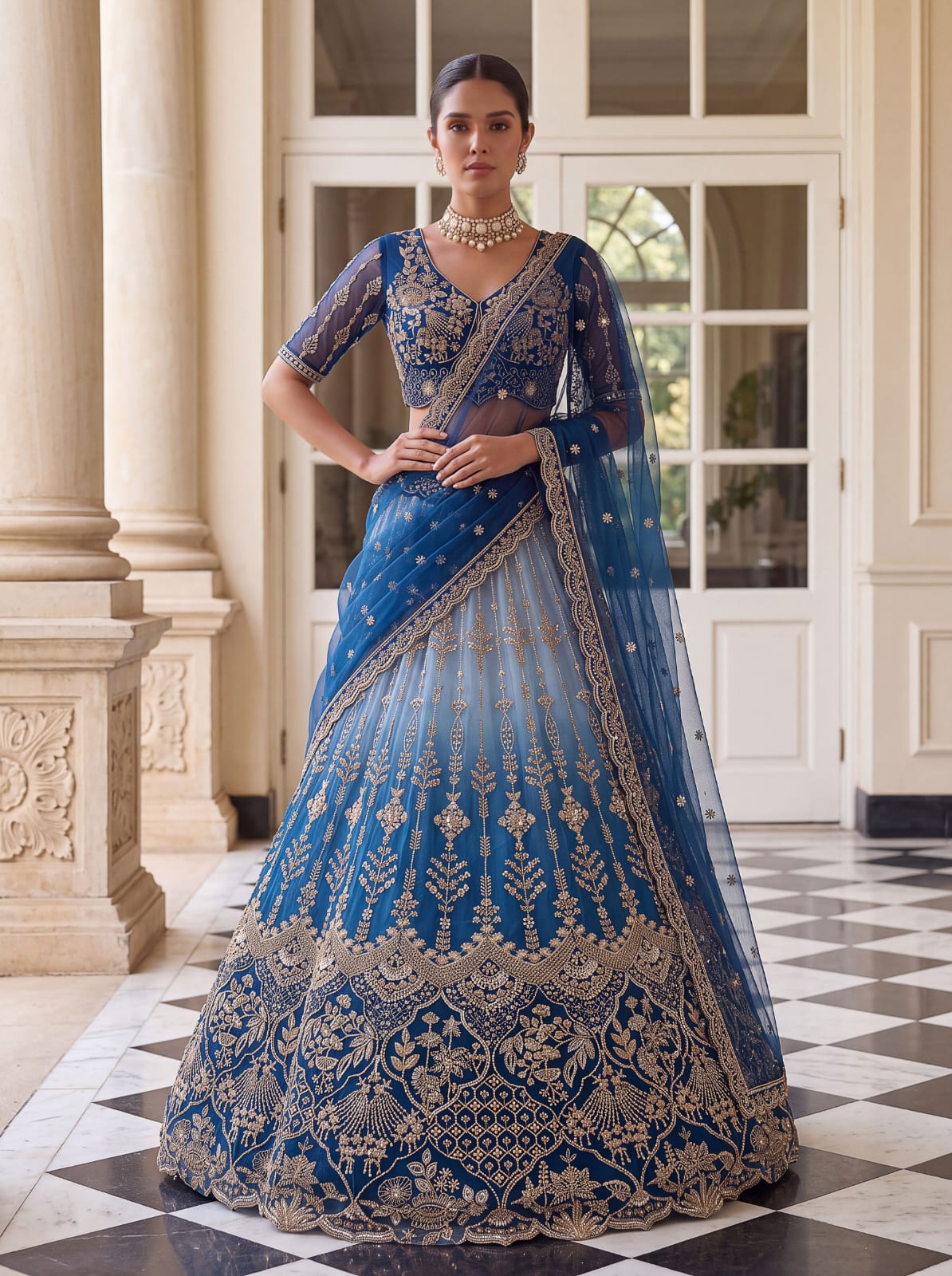 Sky Pure Heavy Net Motif Handwork Zari Sequins Work Bridal Lehenga Choli