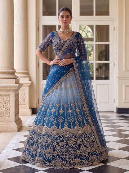Sky Pure Heavy Net Motif Handwork Zari Sequins Work Bridal Lehenga Choli