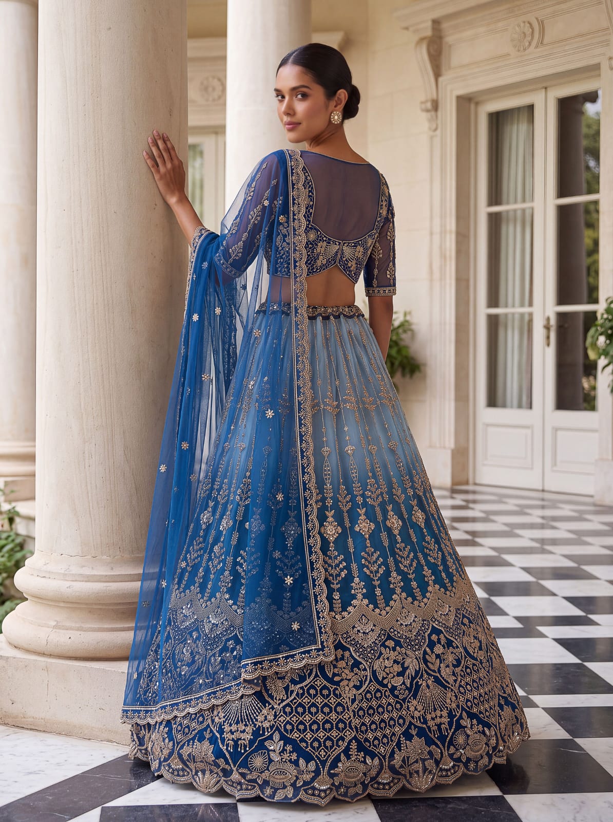 Sky Pure Heavy Net Motif Handwork Zari Sequins Work Bridal Lehenga Choli