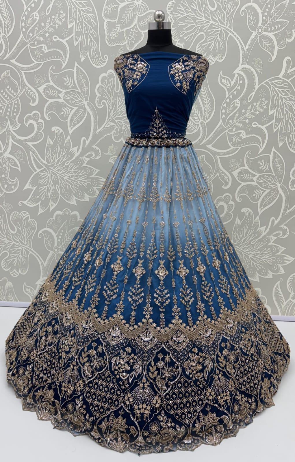 Sky Pure Heavy Net Motif Handwork Zari Sequins Work Bridal Lehenga Choli