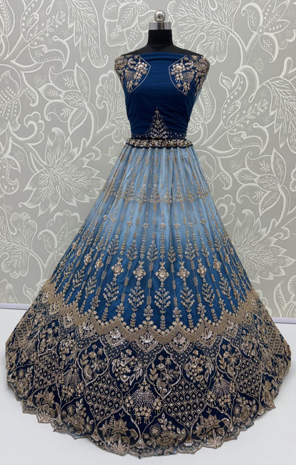 Sky Pure Heavy Net Motif Handwork Zari Sequins Work Bridal Lehenga Choli