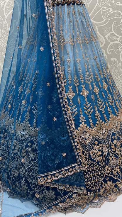 Sky Pure Heavy Net Motif Handwork Zari Sequins Work Bridal Lehenga Choli