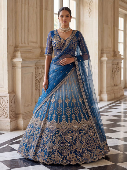 Sky Pure Heavy Net Motif Handwork Zari Sequins Work Bridal Lehenga Choli
