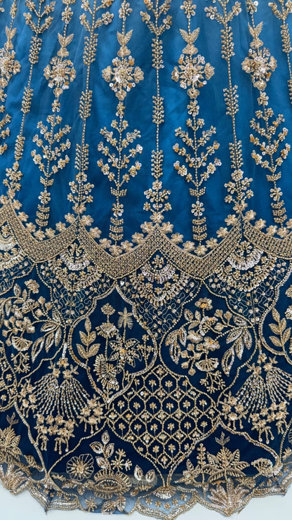 Sky Pure Heavy Net Motif Handwork Zari Sequins Work Bridal Lehenga Choli