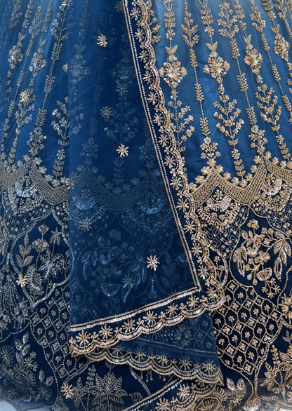 Sky Pure Heavy Net Motif Handwork Zari Sequins Work Bridal Lehenga Choli