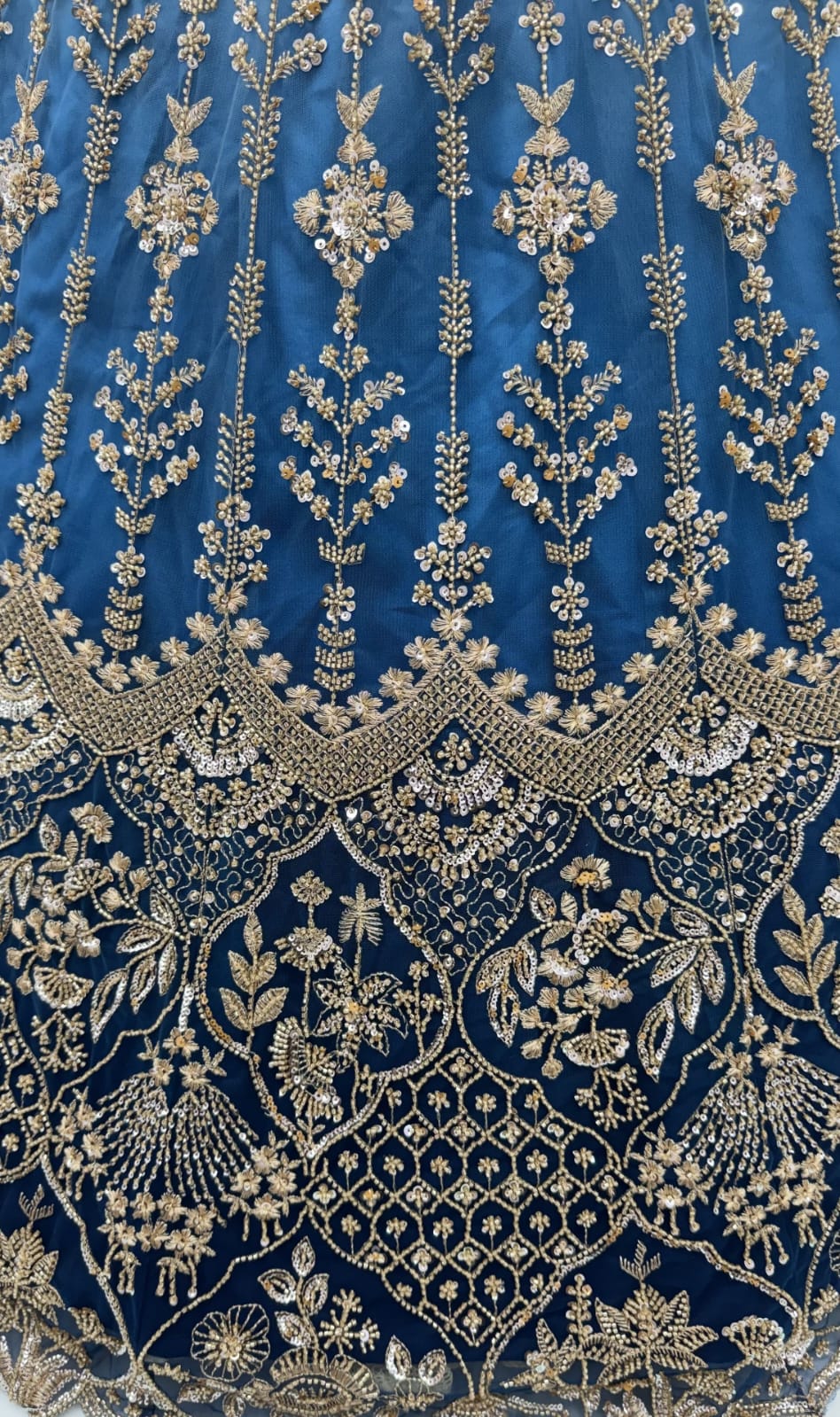 Sky Pure Heavy Net Motif Handwork Zari Sequins Work Bridal Lehenga Choli