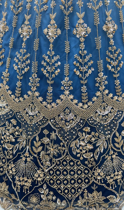 Sky Pure Heavy Net Motif Handwork Zari Sequins Work Bridal Lehenga Choli