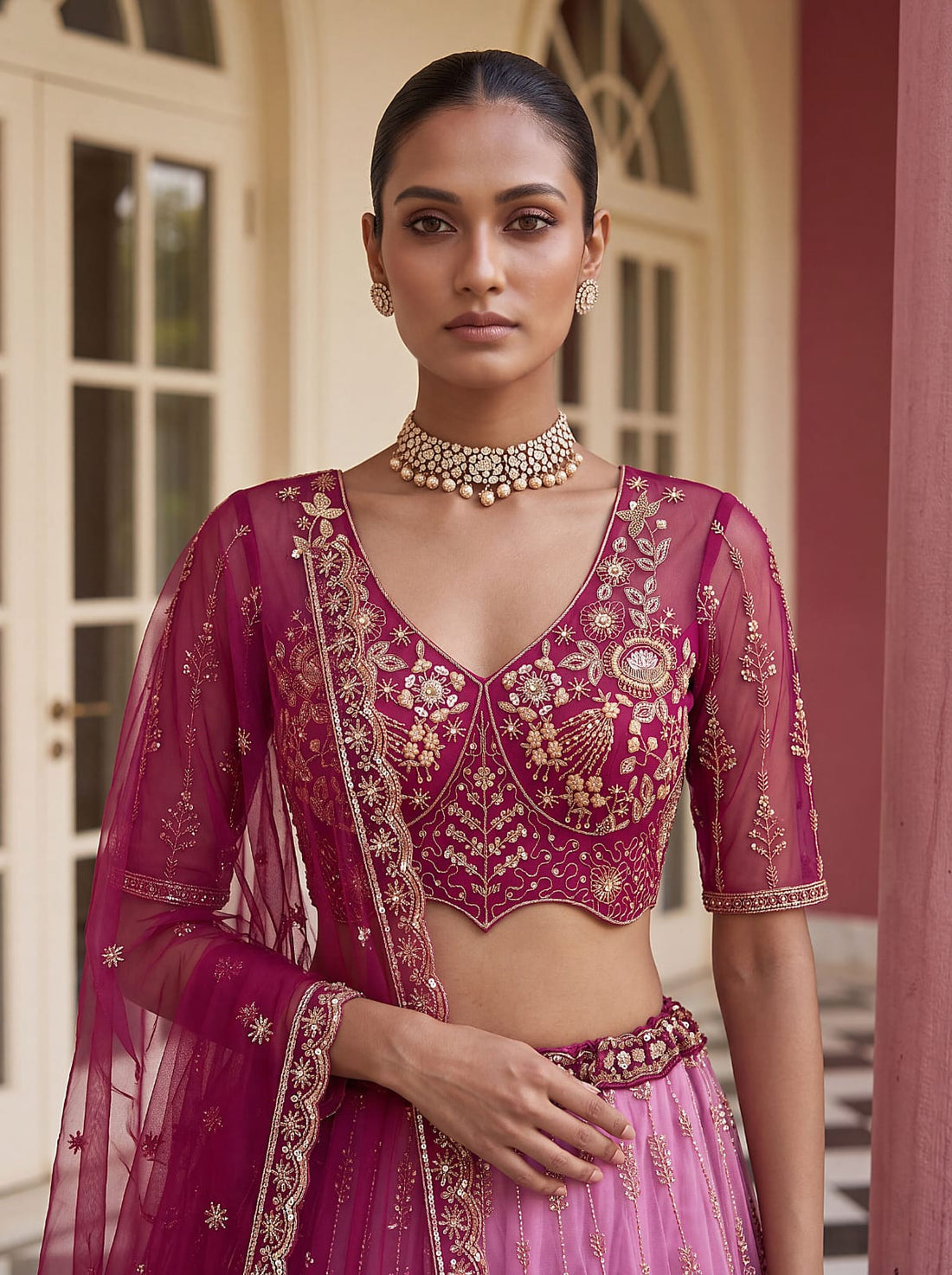 Pink Pure Heavy Net Motif Handwork Zari Sequins Work Bridal Lehenga Choli