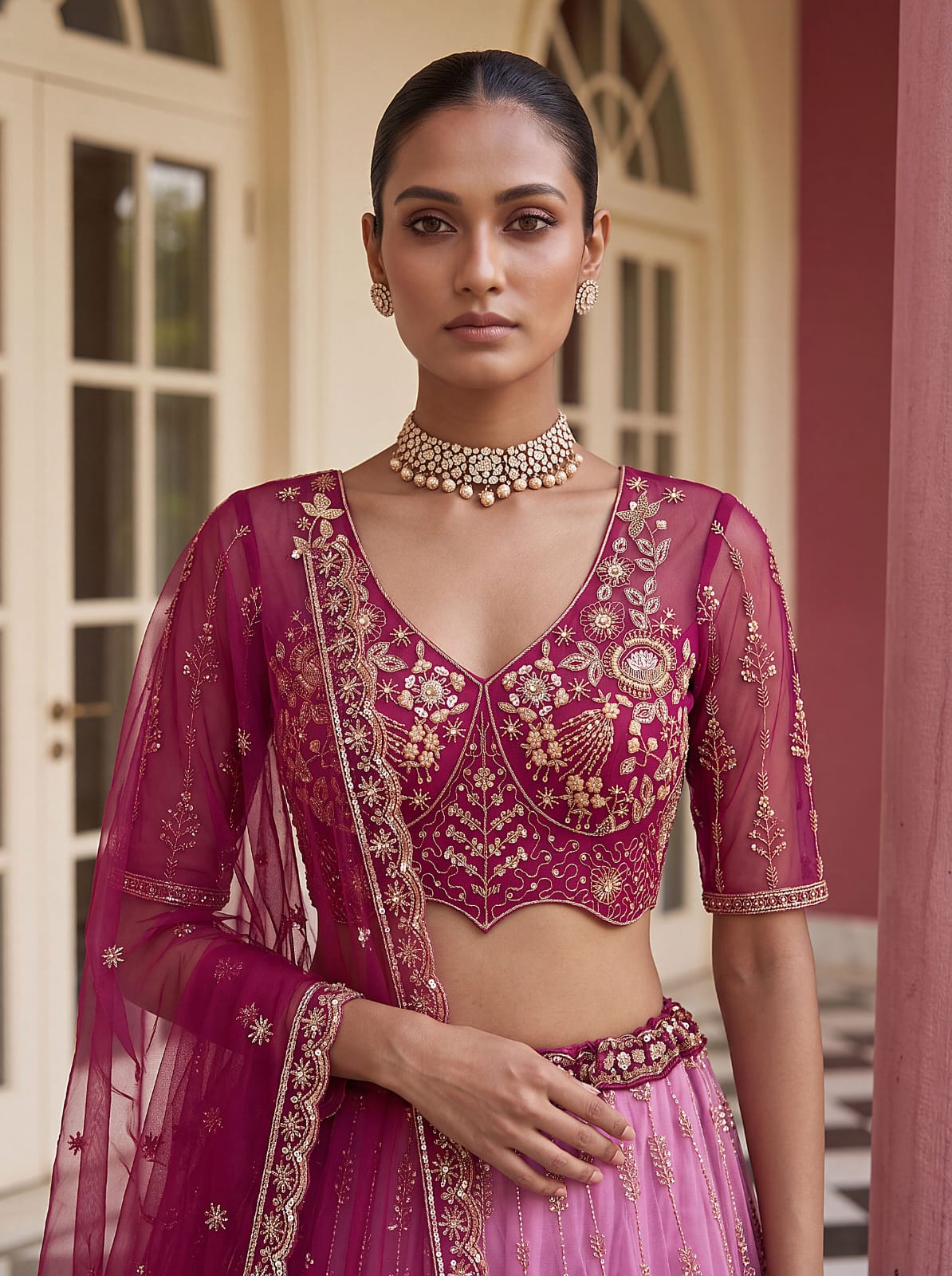 Pink Pure Heavy Net Motif Handwork Zari Sequins Work Bridal Lehenga Choli