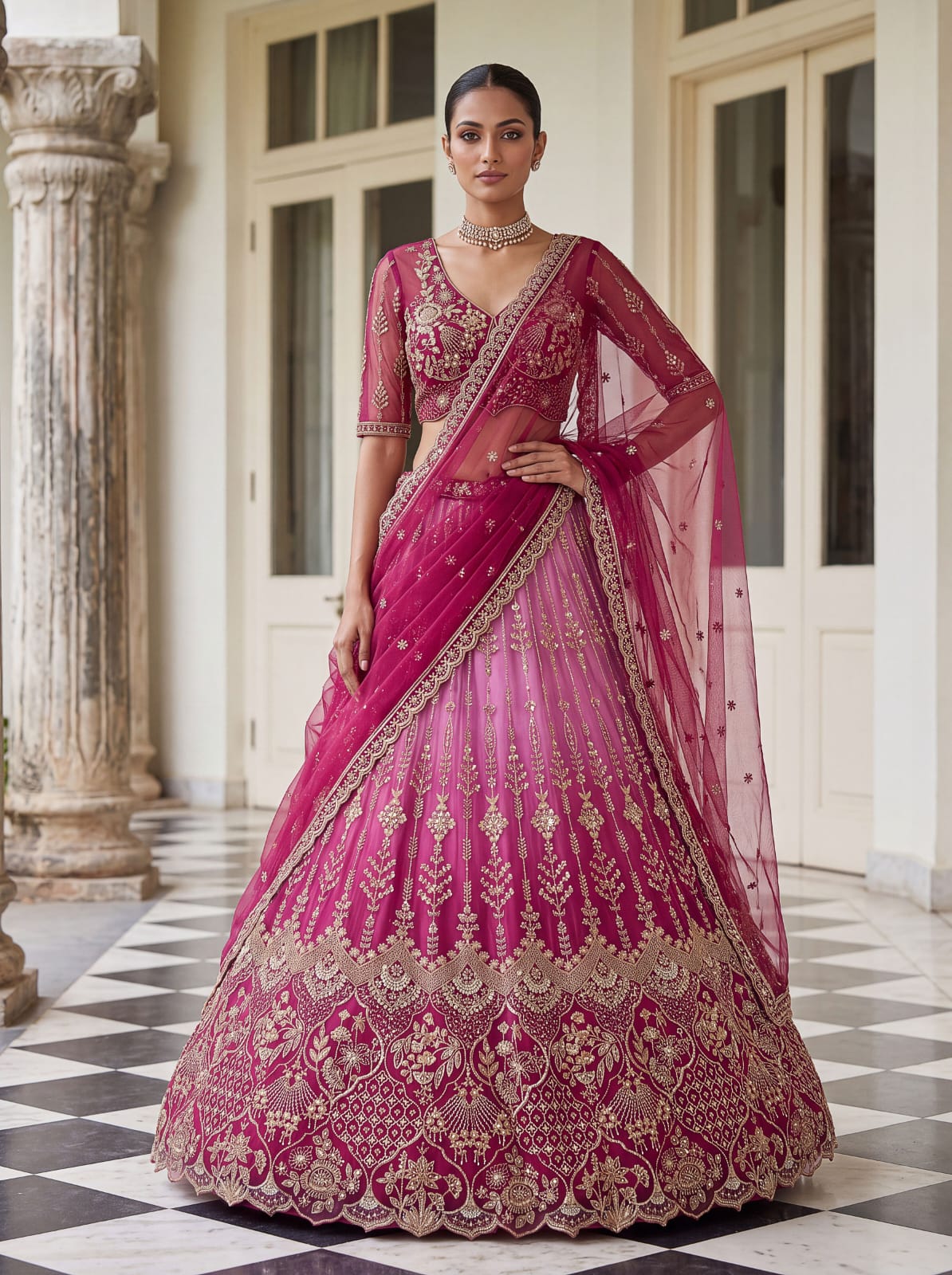 Pink Pure Heavy Net Motif Handwork Zari Sequins Work Bridal Lehenga Choli