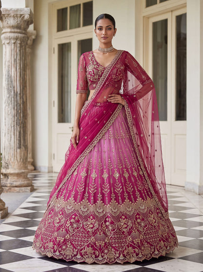 Pink Pure Heavy Net Motif Handwork Zari Sequins Work Bridal Lehenga Choli