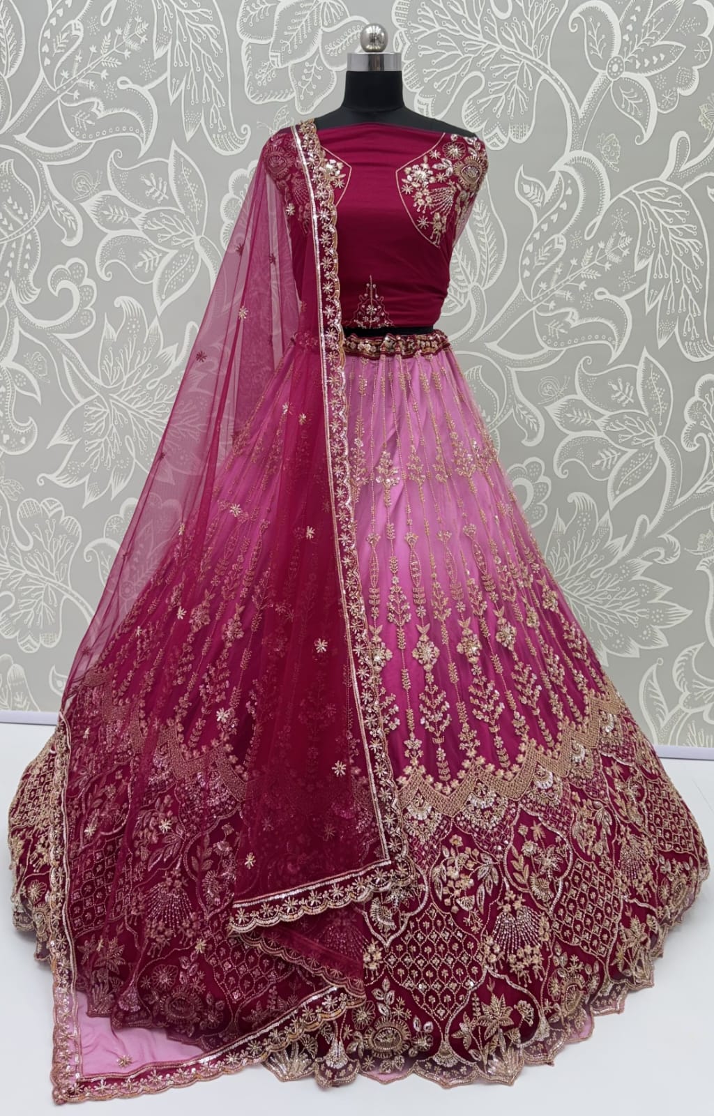 Pink Pure Heavy Net Motif Handwork Zari Sequins Work Bridal Lehenga Choli