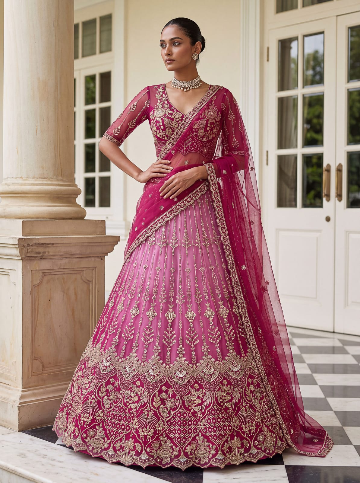 Pink Pure Heavy Net Motif Handwork Zari Sequins Work Bridal Lehenga Choli