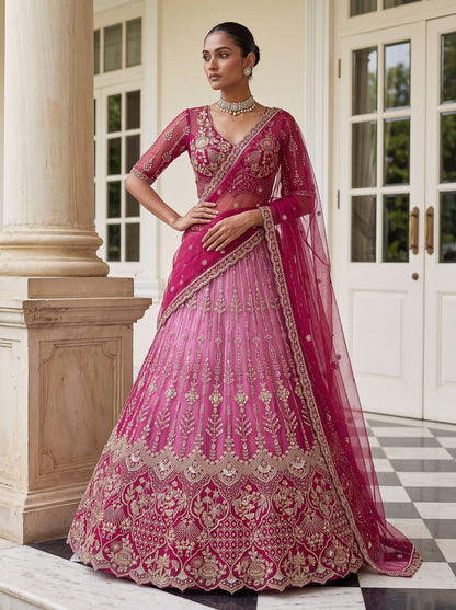 Pink Pure Heavy Net Motif Handwork Zari Sequins Work Bridal Lehenga Choli