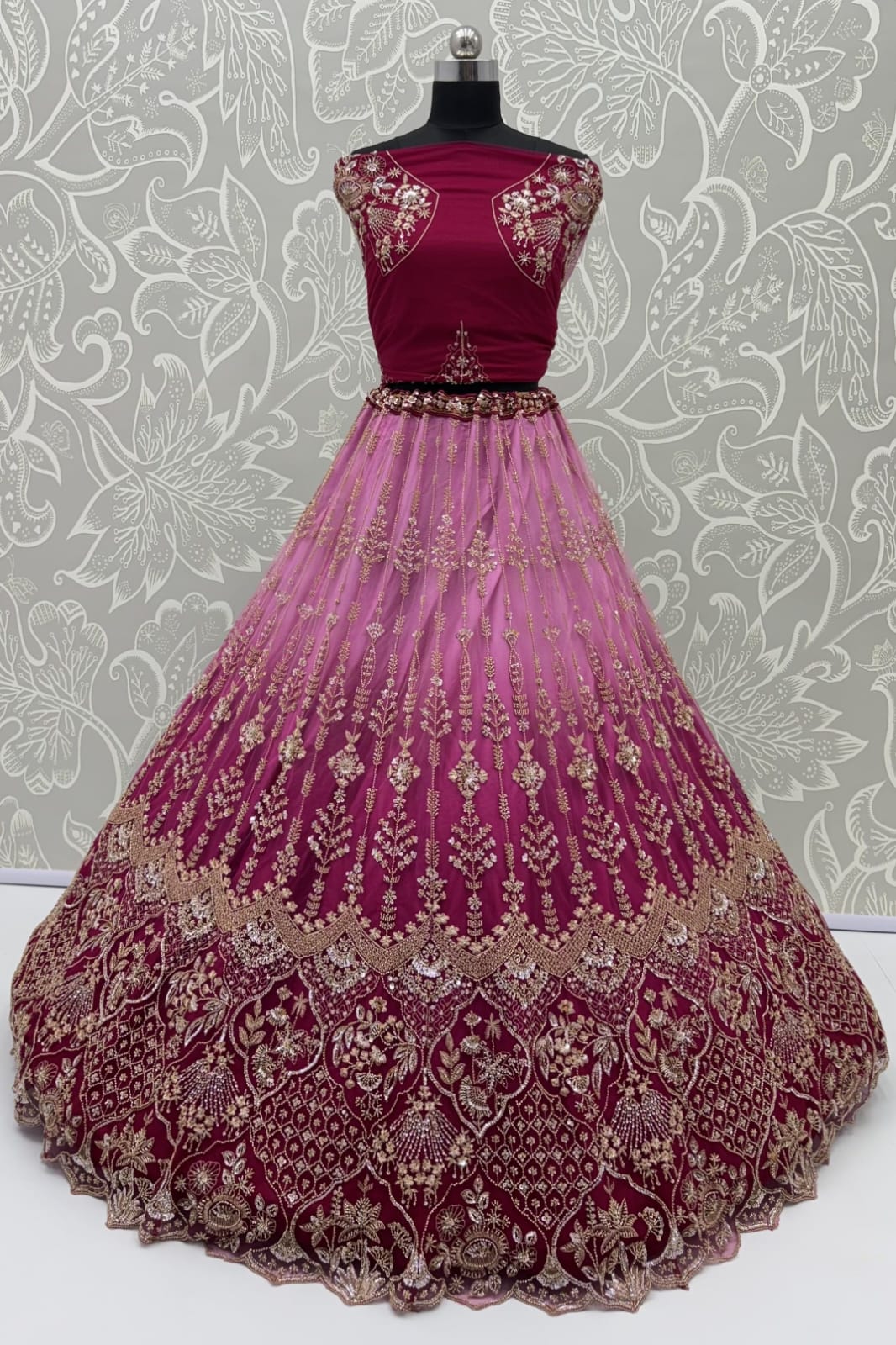 Pink Pure Heavy Net Motif Handwork Zari Sequins Work Bridal Lehenga Choli