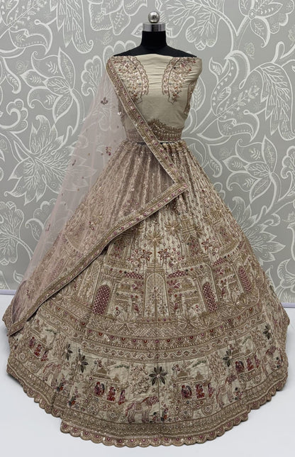 Gold Pure Soft Gadhwal Silk Heavy Embroidery Work Bridal Lehenga Choli