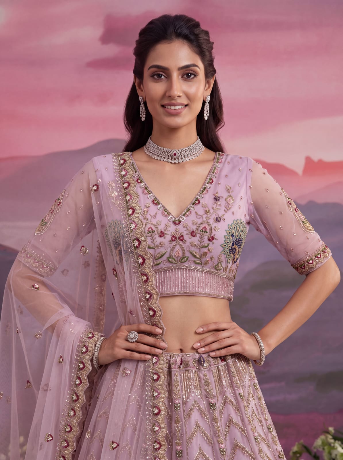 Pink Pure Heavy Net Motif Handwork Zari Sequins Work Bridal Lehenga Choli