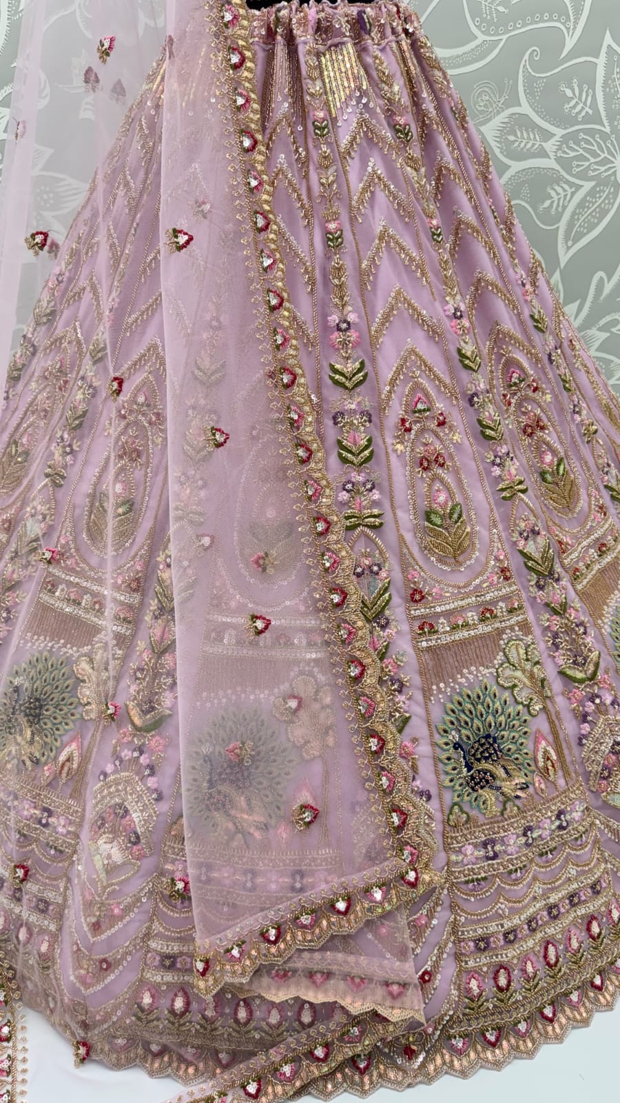 Pink Pure Heavy Net Motif Handwork Zari Sequins Work Bridal Lehenga Choli