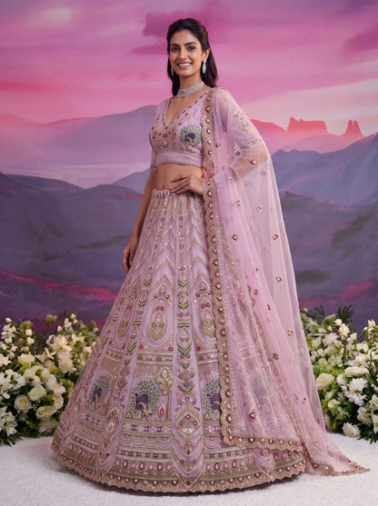 Pink Pure Heavy Net Motif Handwork Zari Sequins Work Bridal Lehenga Choli