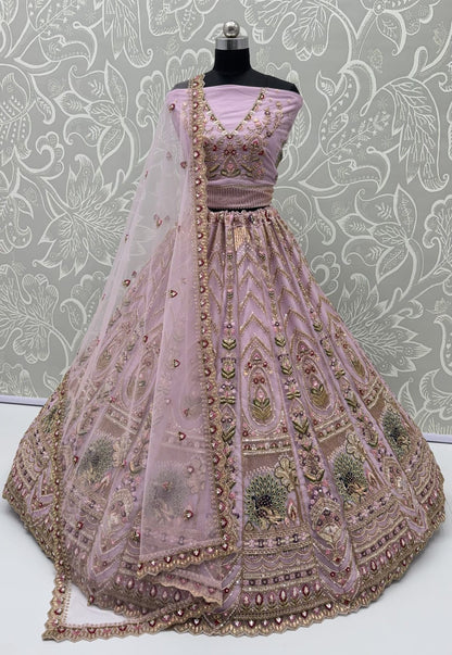 Pink Pure Heavy Net Motif Handwork Zari Sequins Work Bridal Lehenga Choli