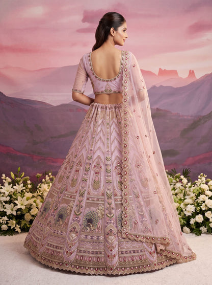 Pink Pure Heavy Net Motif Handwork Zari Sequins Work Bridal Lehenga Choli