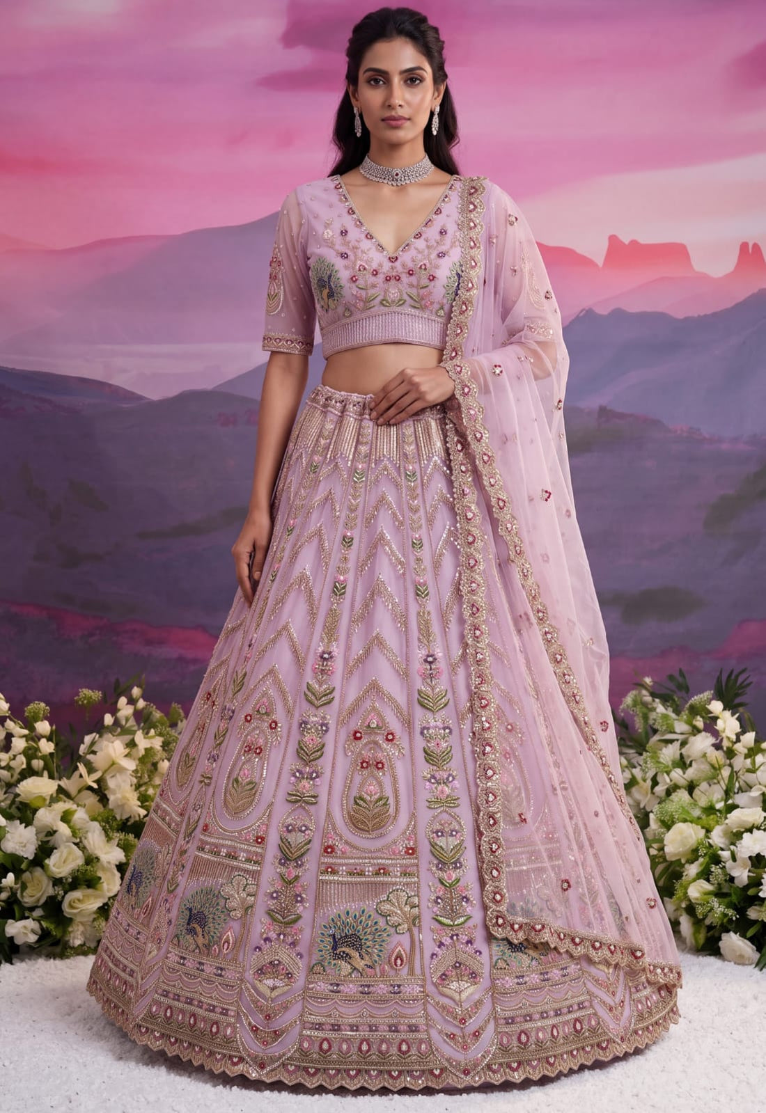 Pink Pure Heavy Net Motif Handwork Zari Sequins Work Bridal Lehenga Choli