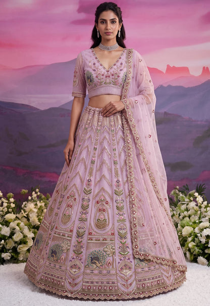 Pink Pure Heavy Net Motif Handwork Zari Sequins Work Bridal Lehenga Choli