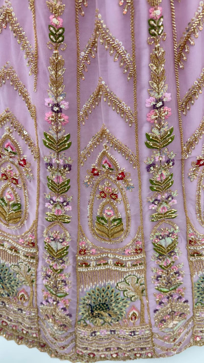 Pink Pure Heavy Net Motif Handwork Zari Sequins Work Bridal Lehenga Choli