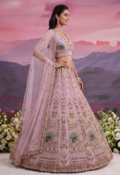 Pink Pure Heavy Net Motif Handwork Zari Sequins Work Bridal Lehenga Choli