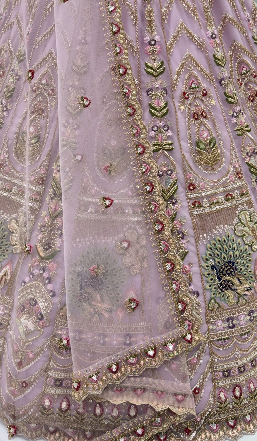 Pink Pure Heavy Net Motif Handwork Zari Sequins Work Bridal Lehenga Choli